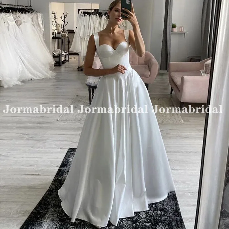 

Classic Satin Wedding Dresses Sweetheart Neckline Strap A-Line Bridal Gowns Full Length Corset Boho Bride Dress Suknia ślubna