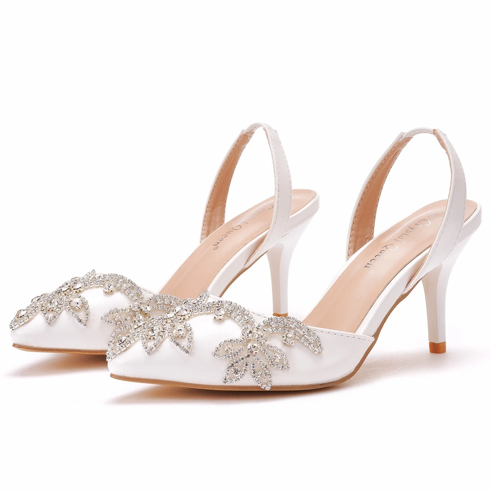 Décolleté da donna tacchi alti con cinturino in cristallo di lusso tacchi a spillo da sposa estivi comodi scarpe da sposa bianche da 7CM