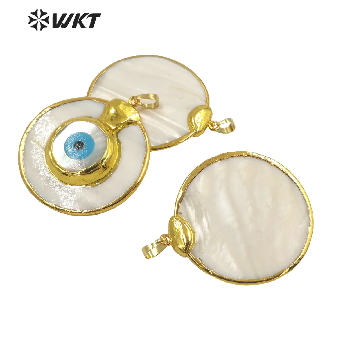 WT-JP260 WKT Amazing Women Big Gold Trim Natural White Shell Evil Eye Pendants Lucky Girl Vintage Shell For Necklace Design