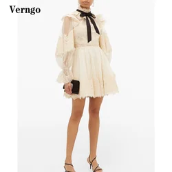 Verngo High Neck Lace Applique Short Formal Party Dress Dotted Tulle Puff Long Sleeves Beige Above Knee Length Prom Dress