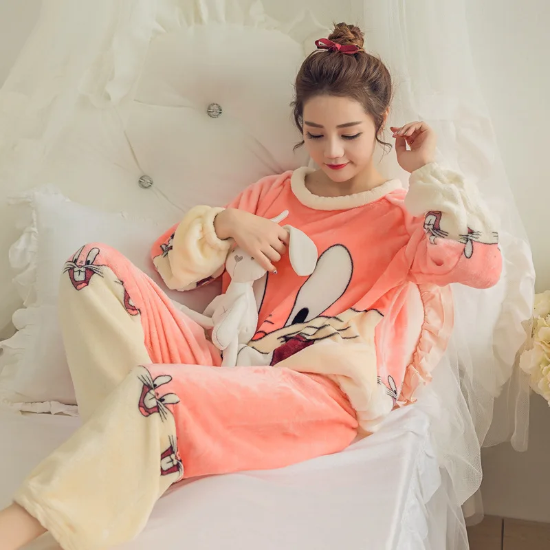 Autumn and winter thick warm flannel pajamas women's long sleeves cute cartoon ladies home service suit a variety of styles