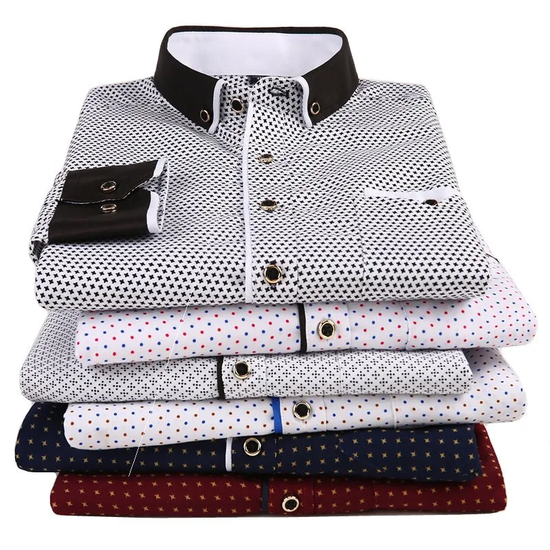 2024 New Men Print Long Sleeve Shirts High Quality Skin-friendly Fabric Square Collar Tops Business Casual Wear Formal Dress