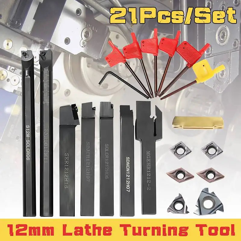 21Pcs Set 10Mm 12Mm Shank Draaibank Boring Bar Draaien Gereedschaphouder Set Hardmetalen Wisselplaten Draaibank Metalen Cutter hout Cnc Machine Tools