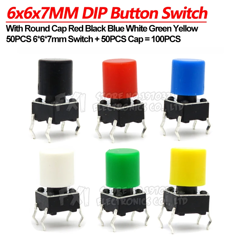 50 Pairs 100PCS 6x6x7mm PCB Momentary Tactile Tact Mini Push Button Switch Module DIP 4PIN With Round Cap fdkjgecf 6*6*7mm