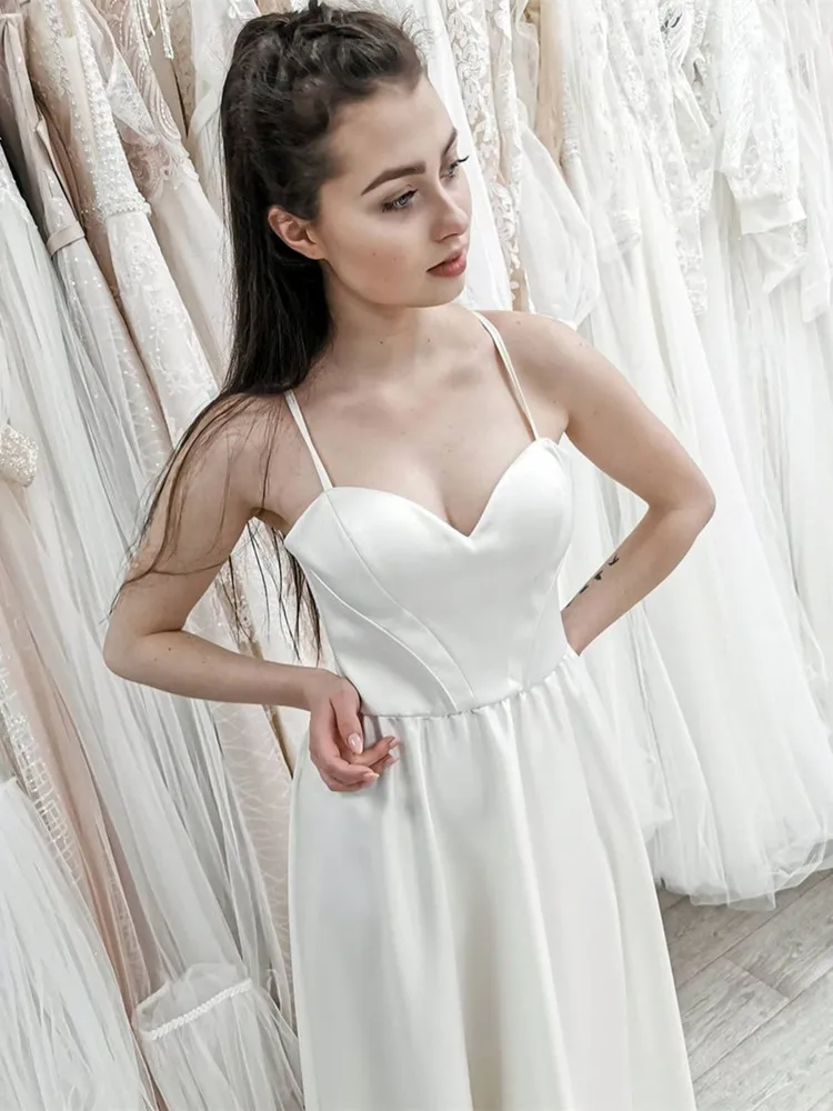 Kurze Brautkleid Satin Knöchel Länge Schatz Spaghetti Strap Frauen Hochzeit Kleid Ärmelloses Maß Robe De Mariee