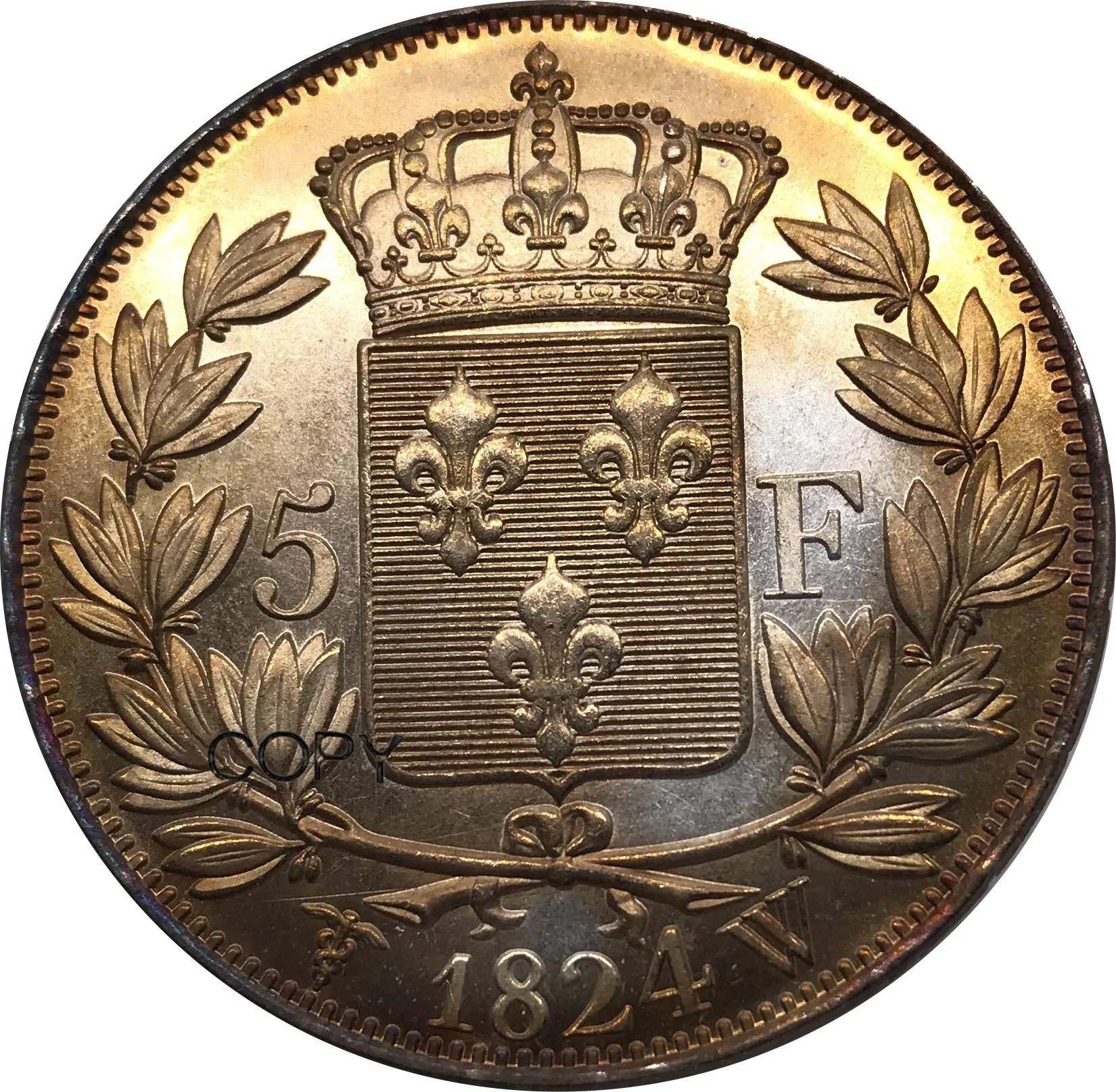 

Letter Edge France 1824 W 5 Francs - Louis XVIII Bare Head Coin Metal Cupronickel Plated Silver Collectible Souvenir Copy Coins