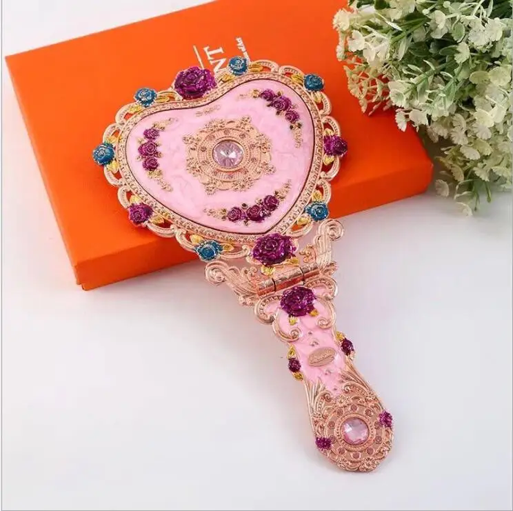 creative heart shape metal  frame one face hand mrror with gift box miroir decoratif gold mirror for girl's gift J046