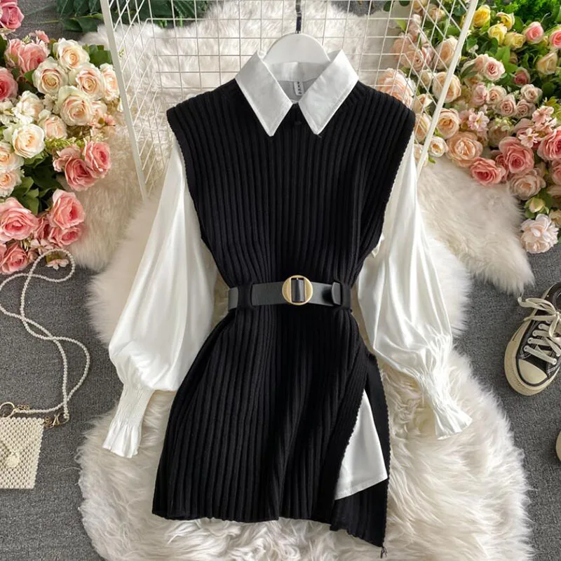 2021 Korean Spring Autumn Women Knitted Pullovers Vest + White Blouse Casual Belt Suit Two Piece Set Conjuntos Mujer