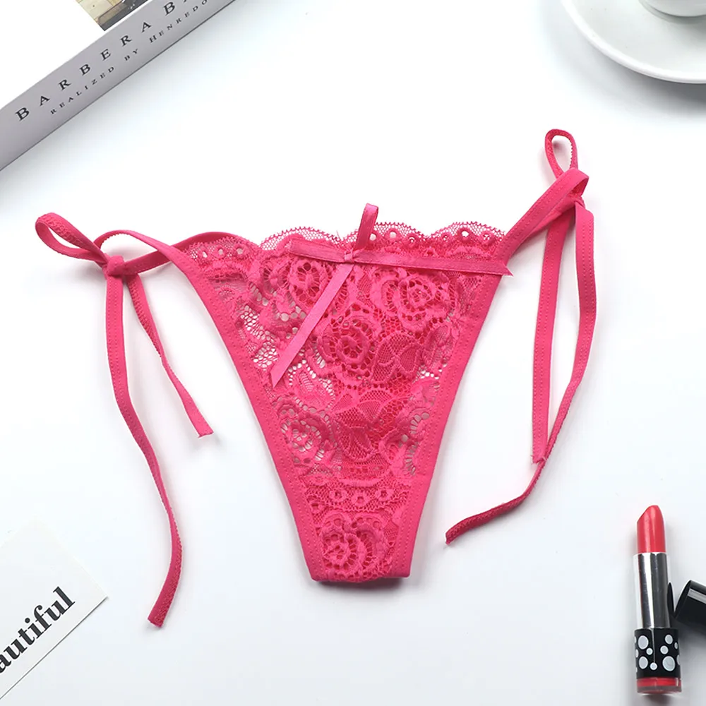 1 Pcs Sexy G-string Thongs Women Panties Floral Sheer Underwear Soft Side Tie Lingerie Briefs Lace Transparent Thong Panties images - 6