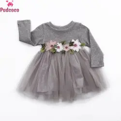 Sweet Autumn Winter Print Flower Baby Girl Knitted Dress Tutu Ball Gown Long Sleeve Princess Dresses Girls Dress