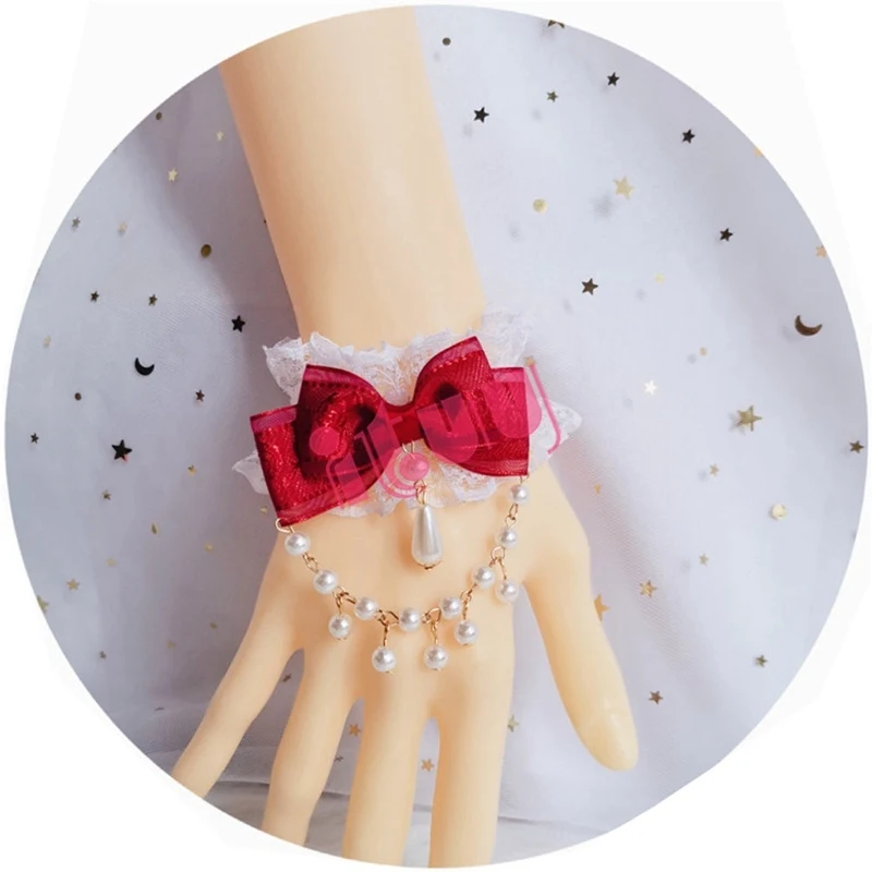 Japanischen Kawaii Lolita KC Hand Hülse Armband Rot Bowknot Perle Anhänger Spitze Hand Hülse Mädchen Ornamente Braut Zubehör