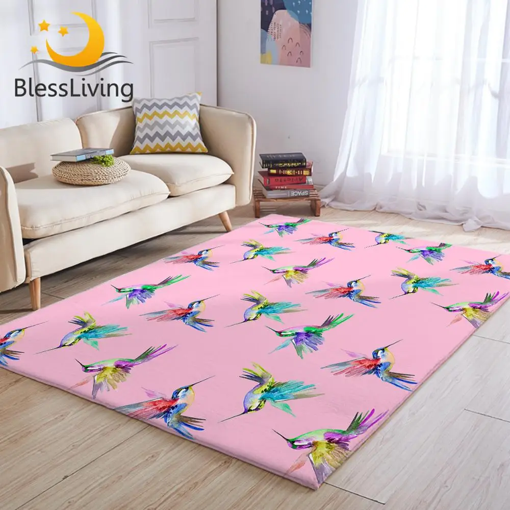 BlessLiving Hummingbird Large Carpets for Bedroom Watercolor Bird Play Floor Mat Pink Living Room Area Rug Colorful Center Rug