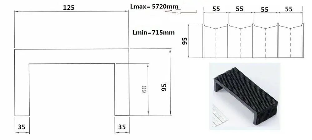 LINEAR RAIL COVER, Width 125 mm x Height 95 mm x Lmax 5720 mm