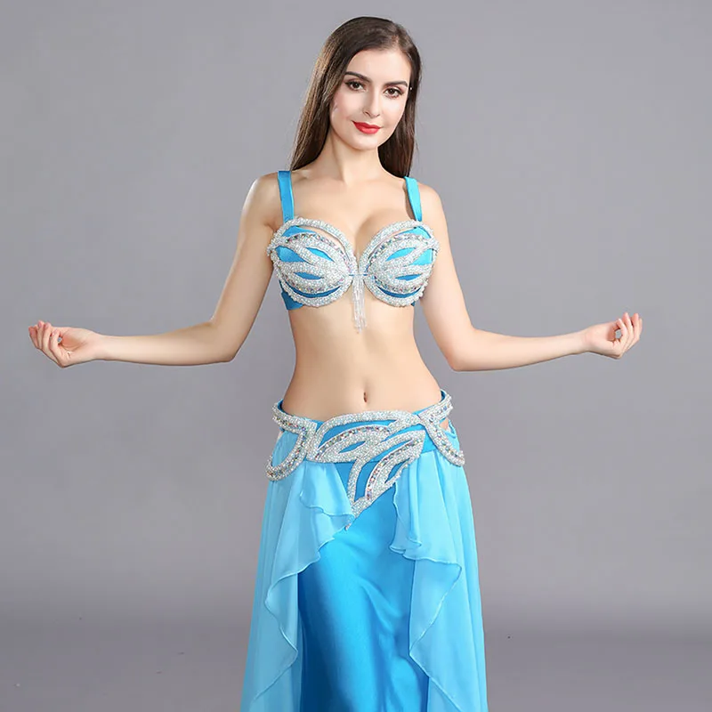 Women rhinestone blue belly dancing outfit performance dancing BRA belt skirt belly dance costumes professional dance dress set