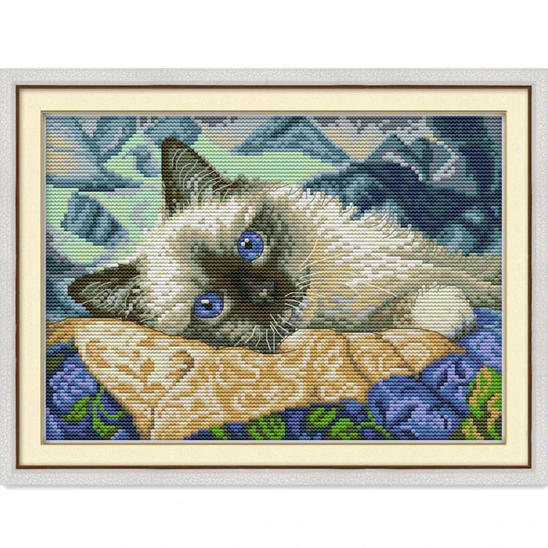 The blue eyes cat cross stitch kit aida 14ct 18ct count canvas stitches embroidery DIY handmade needlework