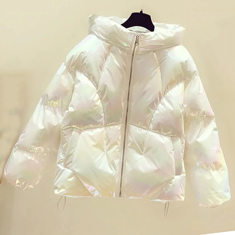 

NICE Bright Glossy Down Padded Jacket Female Students Outwear Coat Winter Warm Parka Women Loose Hooded Coat