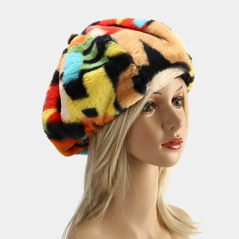 Autumn Winter Rabbit Fur Beret French Hat Fashion Graffiti Rainbow Letter Octagonal Hat Lady Girls Warm Winter Hats for Women