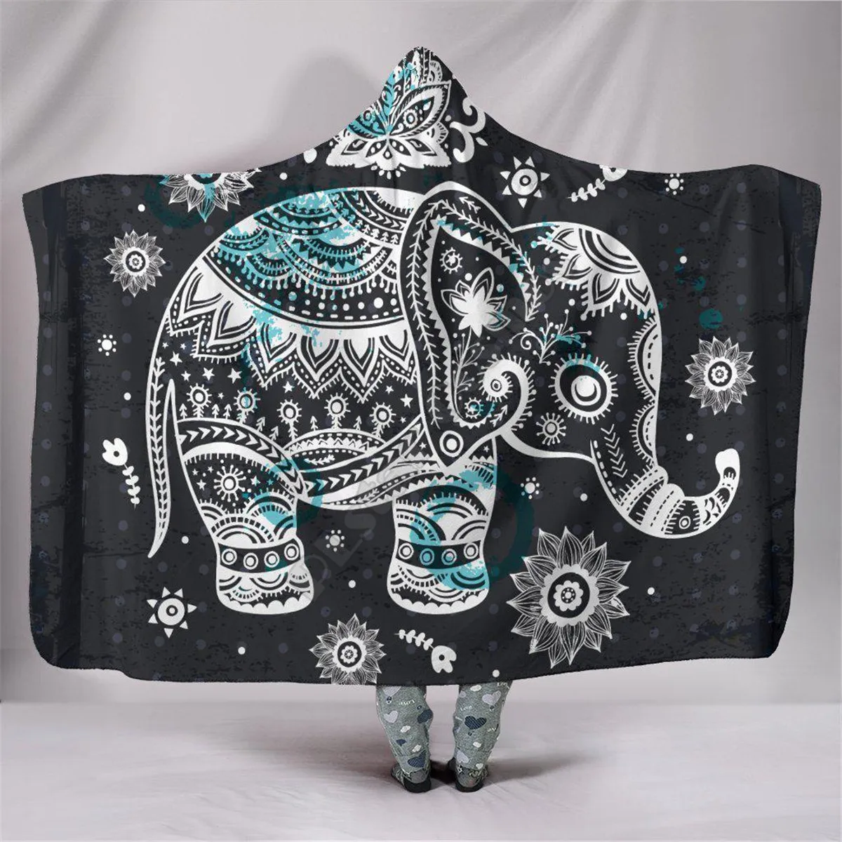 Henna Elephant 3d printed Hooded Blanket Adult colorful child Sherpa Fleece Wearable Blanket Microfiber Bedding