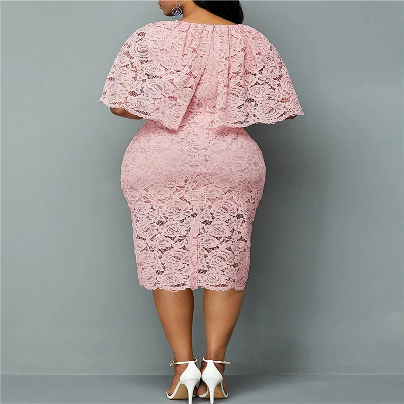 5XL 6XL Damska letnia jesienna sukienka Elegancka różowa koronkowa sukienka Kobiece sukienki wieczorowe Vestido Oversized