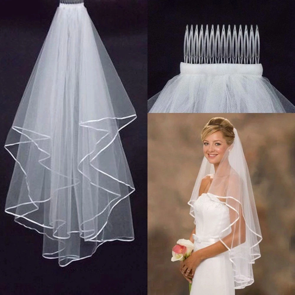 Véu nupcial simples de tule com pente para mulheres, marfim branco, duas camadas, borda de fita, acessórios baratos para noiva, casamento curto, 75cm