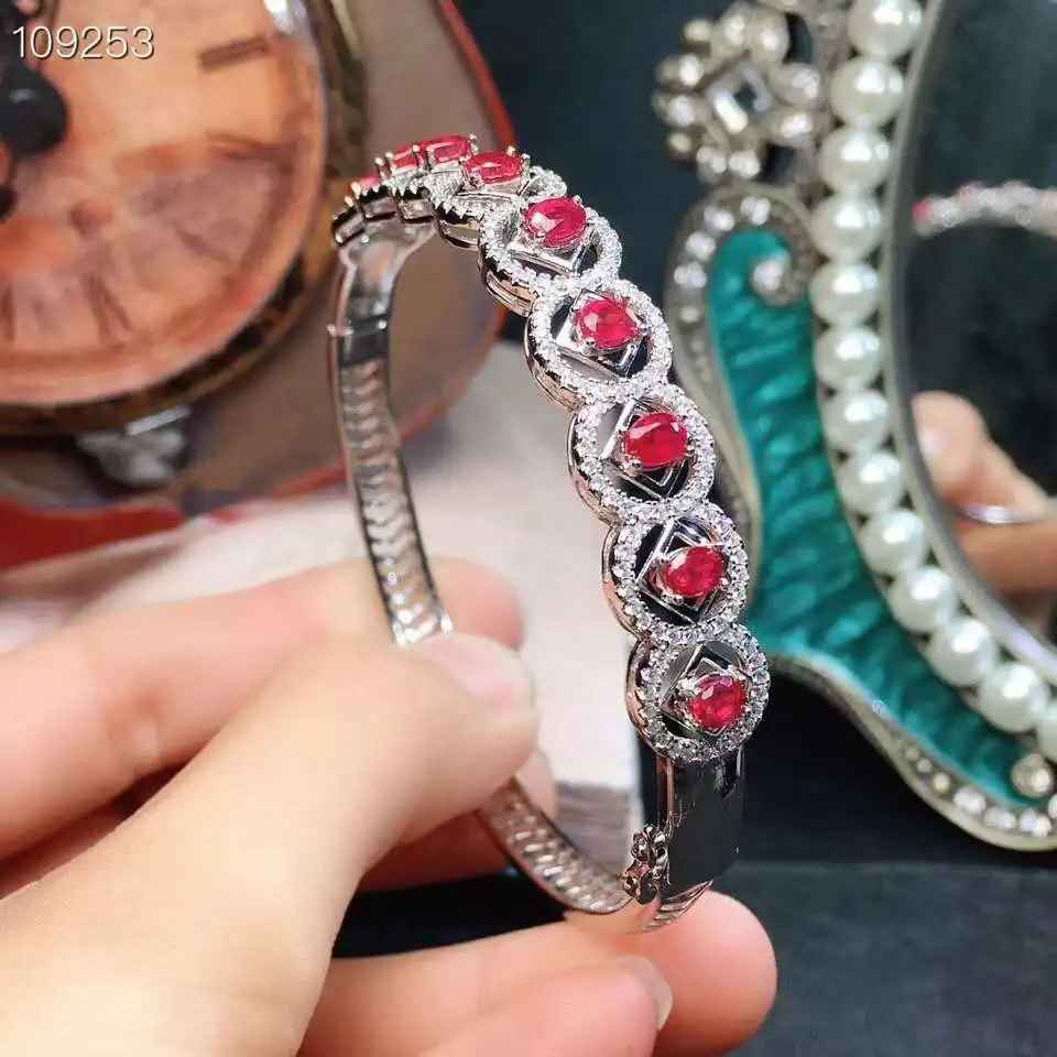 

100% Natural Real Ruby bangle Bracelet Solid S925 Sterling Silver For Women Color Fine Jewelry