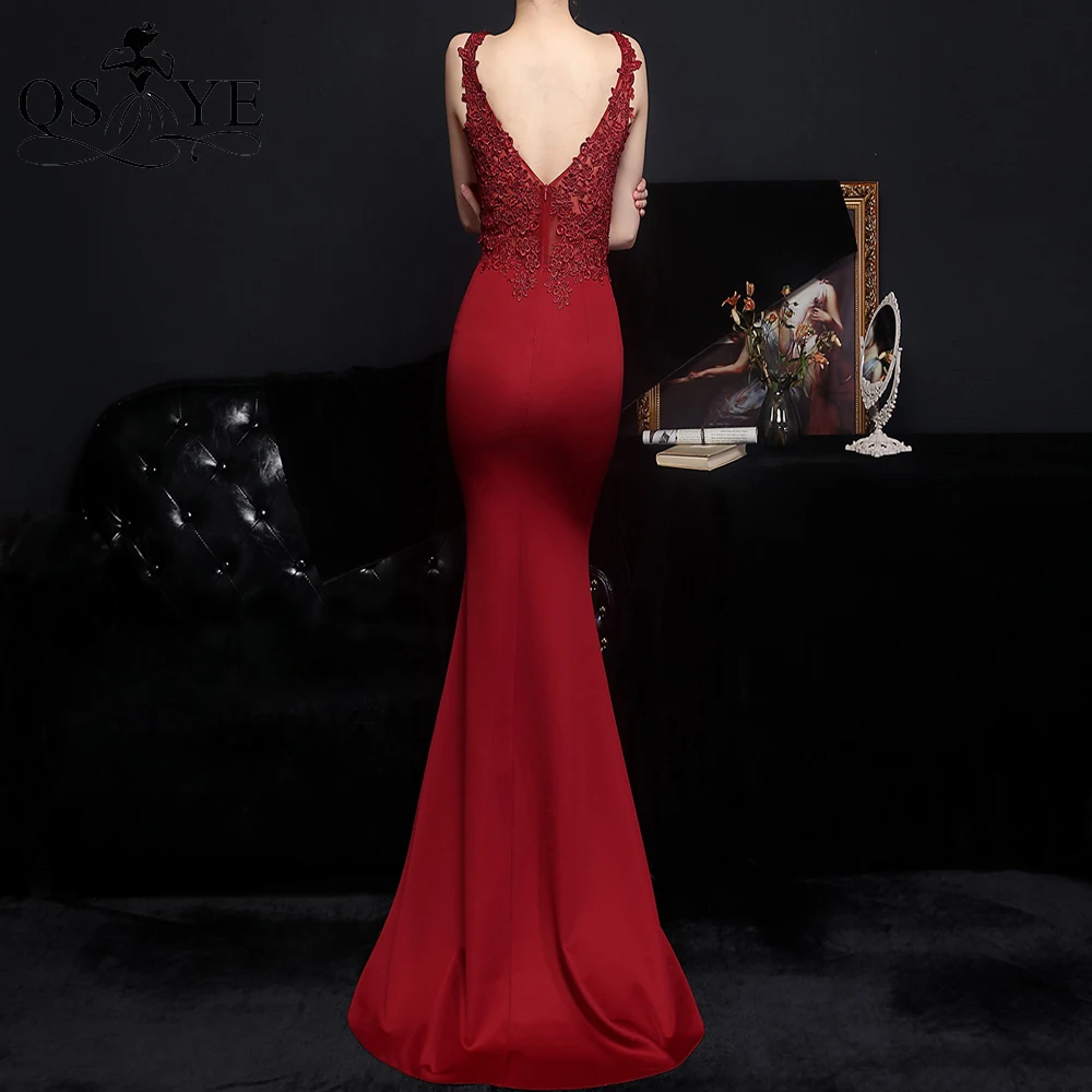 Tiefe Rot Prom Kleider Spitze Ärmellose Stretch Meerjungfrau Abendkleid Frauen Appliques Lange Formale Party Kleid V Neck Promi Kleid