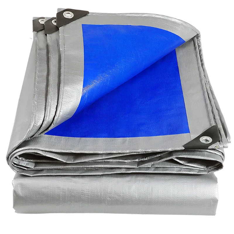 Customized Size PE Tarpaulin Silver Blue Lightweight Tarp Boat Car Truck Canopy Cloth Rainproof Cloth Sunshade Tarp Ground Sheet