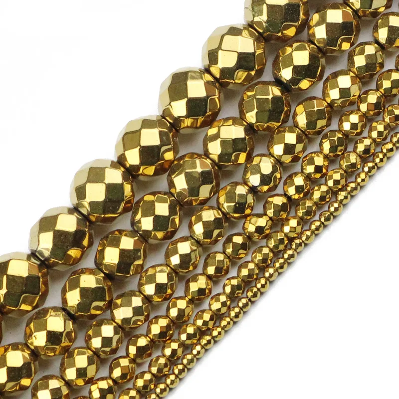 Natural Stone Faceted Gold Color Black Hematite beads 2/3/4/6/8/10mm Loose Spacer beads for Jewelry bracelets Making DIY 15 inch