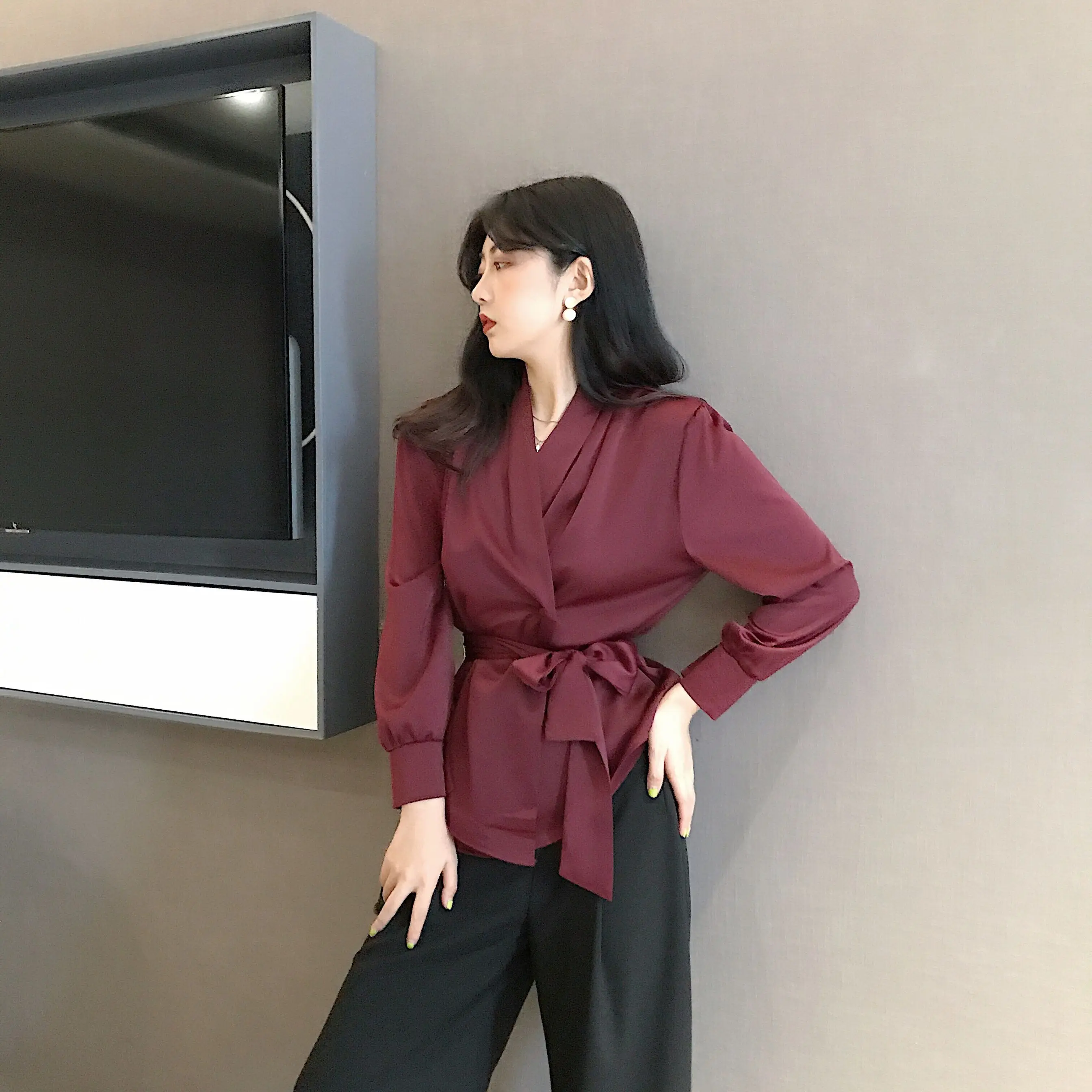 Women Faux Silk OL Shirt Tie Waist Party V Neck Satin Blouses Elegant Cardigan Long Sleeve Stitching Tops With Belt Office