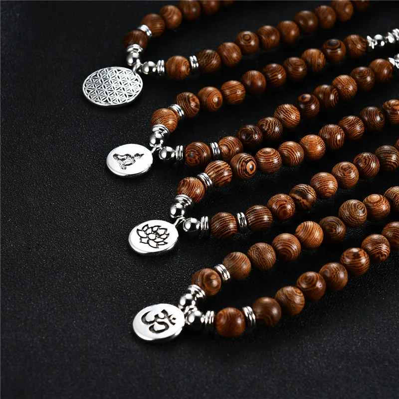 Top Prayering 108 Wood Beads Men Necklaces Bracelets Rosary Buddhism OM Lotus Buddha Hollow Life Tree Necklace for Women Jewelry