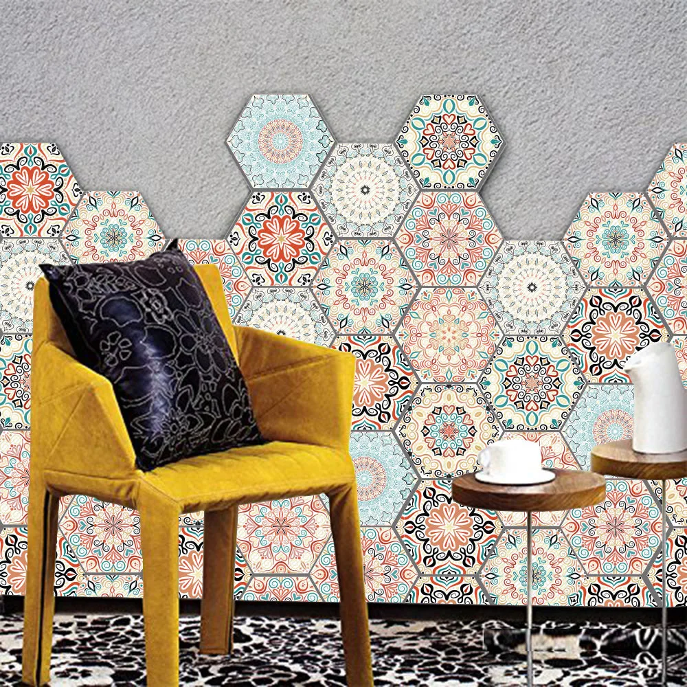 Hexagonal Mandala Style Ceramics Tile Stickers Kitchen Bathroom Self Adhesive Waterproof Wall Sticker Mural Peel & Stick