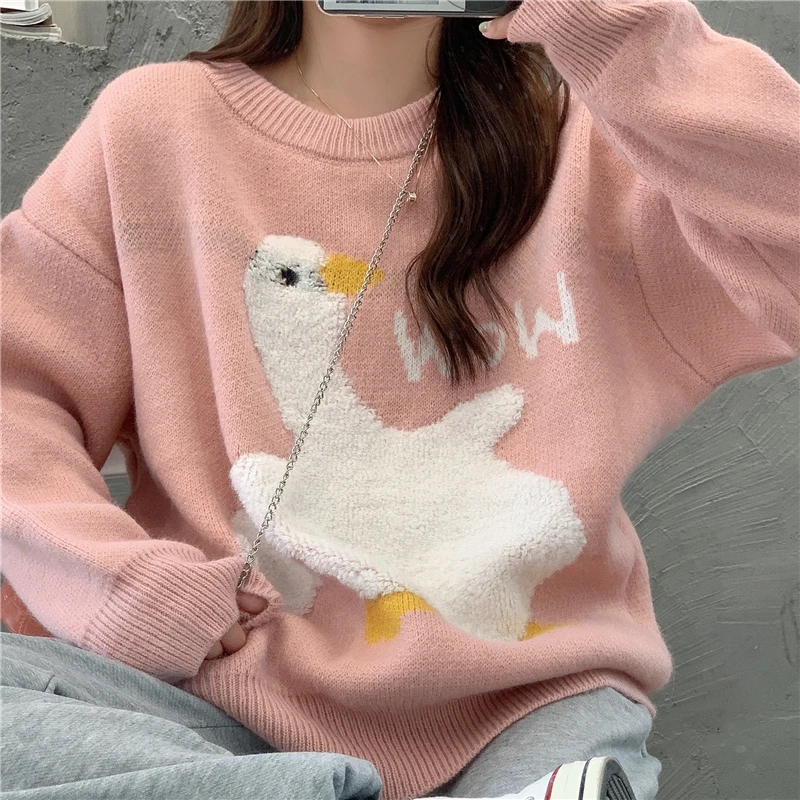 Knitted Sweater Women Fashion Casual Korean O Neck Long Sleeve Oversize Pullover Pull Plus Size Sweet Cartoon Goose Print Loose