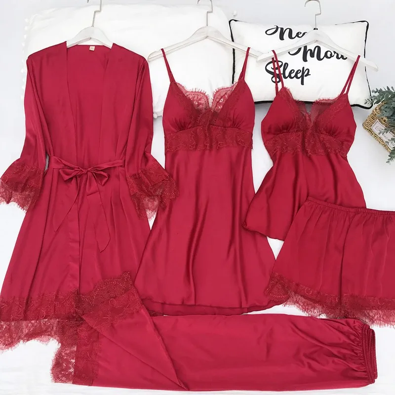 Women Nighty&Robe SET Kimono Gown Bride Bridesmaid Wedding Robe Sleepwear Suit Satin SEXY Lace Nightwear Casual Loose Nightgown