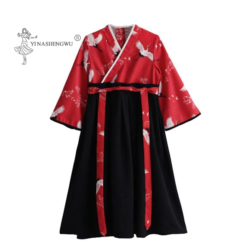 Piccolo Bambino Della Ragazza Del Gru di Stampa Robe Set Giapponese Della Ragazza Del Vestito Costume del Kimono Bambino Ricamo Floreale Magliette E Camicette Capretti Pannello Esterno Yukata Vestiti