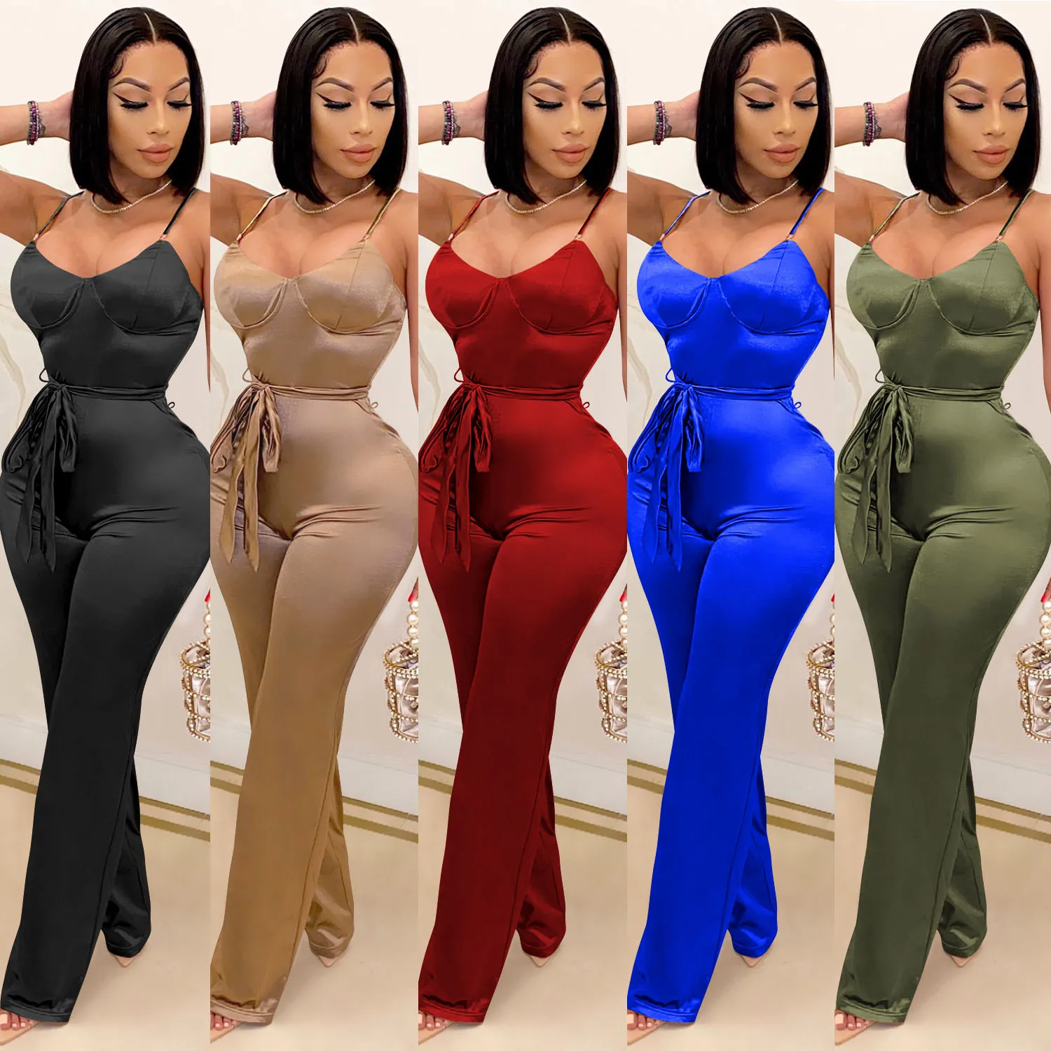 Long Sleeve Jumpsuits And Rompers For Women Solid Sexy Jumpsuits Fashion Belt Spaghetti Strap Jumpsuits Club Wear