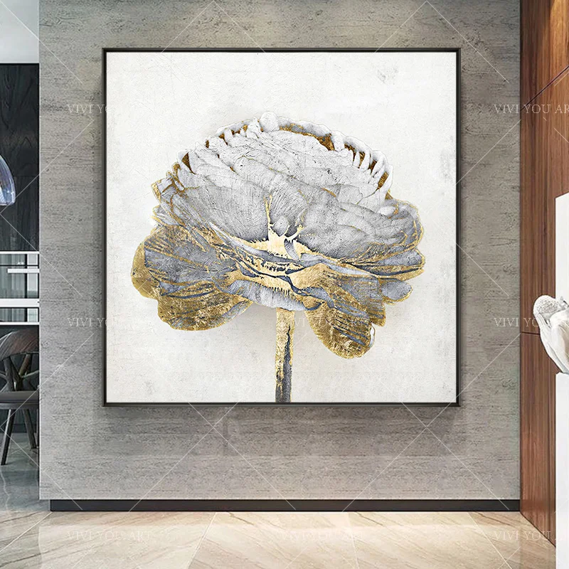 Handmade Muted Flower Gold Leaf Canvas Art, Hand Painted Vintage Botanical Oil Painting, Wabi Sabi Bedroom Decor