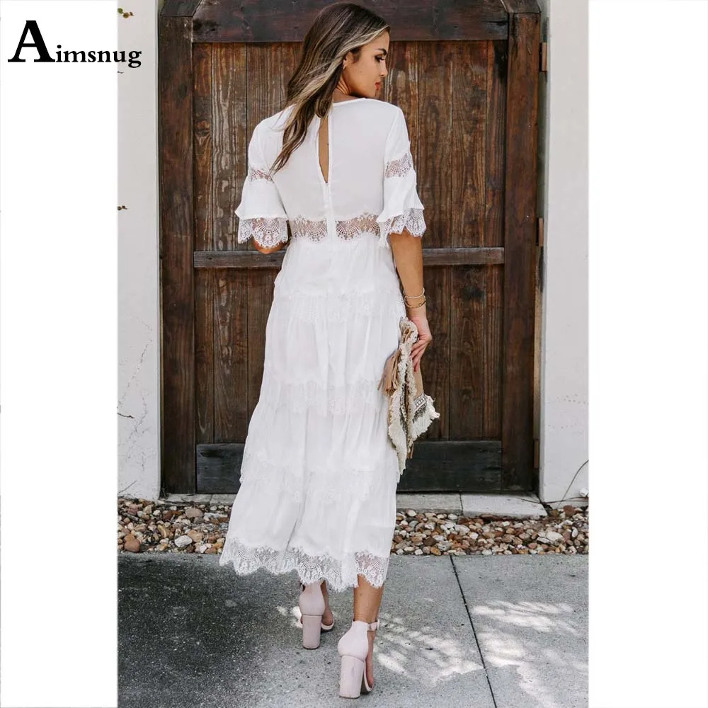 Aimsnug 2023 Summer Ladies Elegant V-neck Party Dress Half Sleeve Patchwork Lace Dresses Plus size Women Mid-Calf Dress Femme