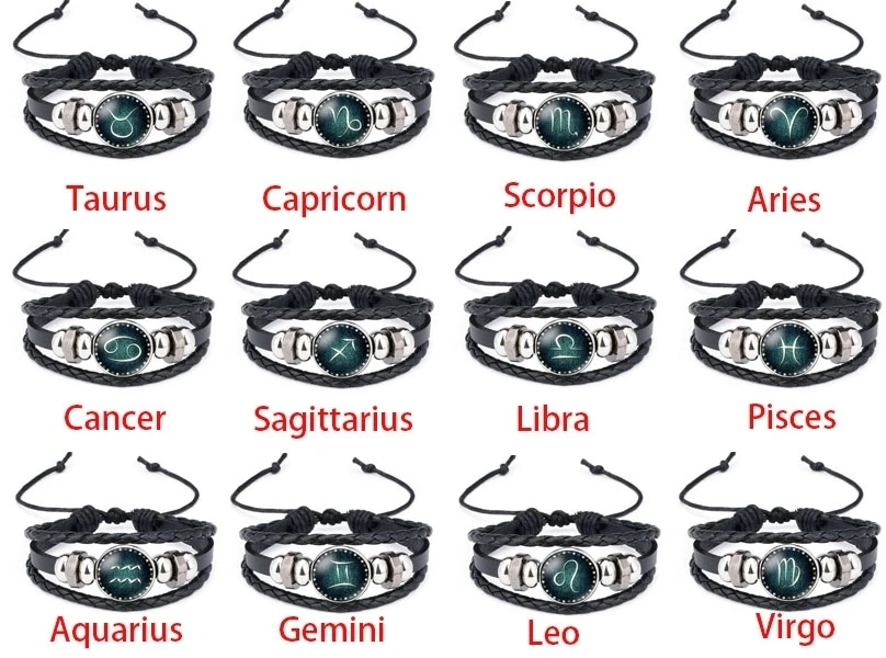 Pulsera de botón a presión de cuero Vintage, cúpula de Luna, cabujón de cristal, 12 Constelaciones, foto del zodiaco, imagen, pulsera con dijes