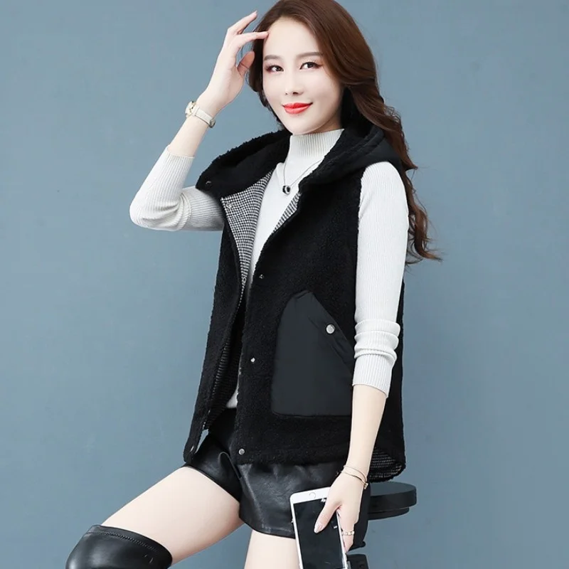 

Women Vintage Reversible Waistcoat Autumn Winter Patchwork Hoody Sleeveless Jacket Faux Fur Outwear Female Casual Vest Tops 3XL