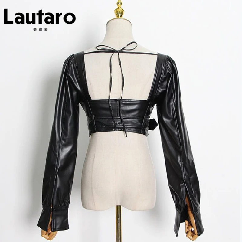 Lautaro Y2k Black Faux Leather Crop Top Women Square Neck Long Sleeve Zipper Cropped Jacket 2021 Sexy Backless Fashion 5xl 6xl