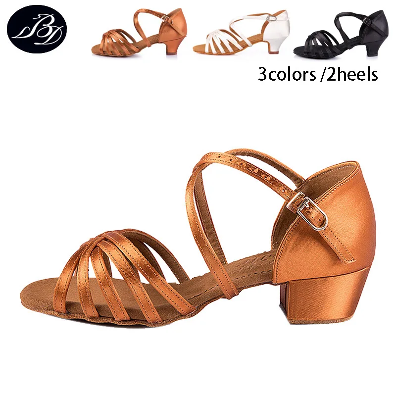 

BD Kids Dance Shoes 603 Satin Sandal Girls Latin Dancing Shoes pro Soft Sole 2 kinds heels comfortable stable dark tan