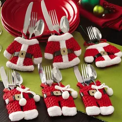 6pcs Christmas Table Decor Silverware Cutlery Tableware Holder Pocket Santa Suit Gift 2020 New Year Gift Bag