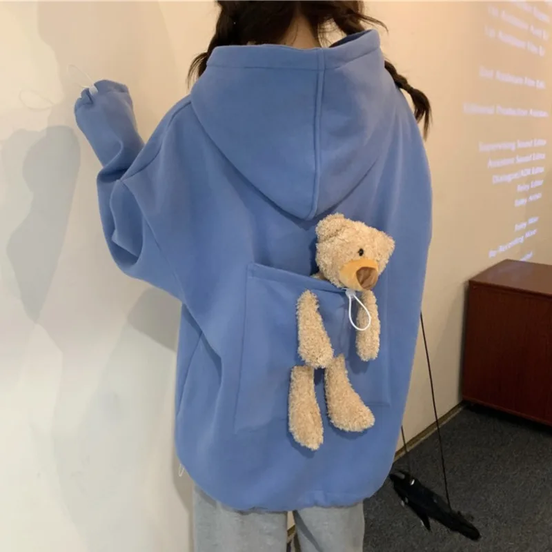 Autumn Hoodies Women Thicken Liner Velvet Bear Toy In Back Big Pocket Warm Soft Hooded Sweatshirt Couple Matching Pullover Top