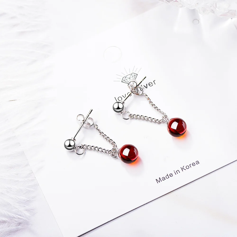 Elegant Round Natural Garnet Stone 925 Silver Needle Lady Tassel Stud Earrings Jewelry For Women Drop Shipping Girls Gift
