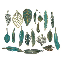 GraceAngie 14pcs Antique Bronze Charms Simulated Green Leaves Pendants Suspension Bracelets Necklace Accessory Mixed Shape