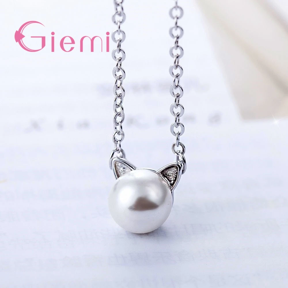 Compact White Pearl Necklace Pendant New Arrival 925 Sterling Silver Cute Cat Ears Shape For Women Girls Best Present