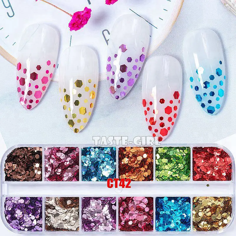 Hexagon Prego Glitter Em Pó, Noctilucent Em Pó, Nail Art Slice Decalques, Misturar Tamanhos, Rainbow, Round Holo, 12 Grids por Caixa