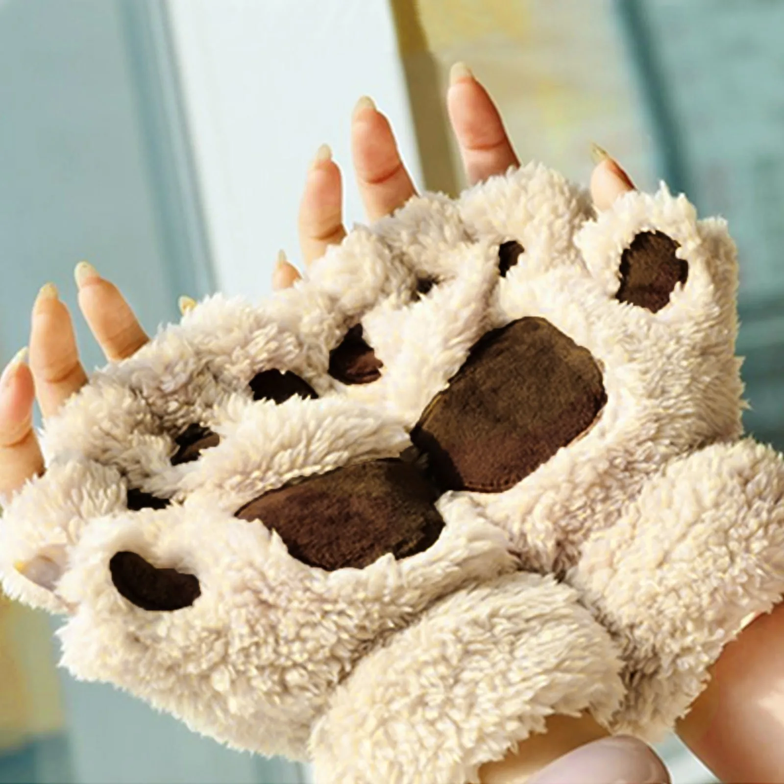 Girls Lovely Winter Warm Fingerless Gloves Fluffy Bear Cat Plush Paw Claw Half Finger Plush Gloves Mittens New Women Ski Glovees