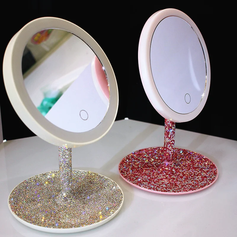 LED Diamond Desktop Makeup Mirror Light Touch Screen Selfie Lamp Adjustable Bright Beauty Vanity Illuminated Mirror Girls Gifts