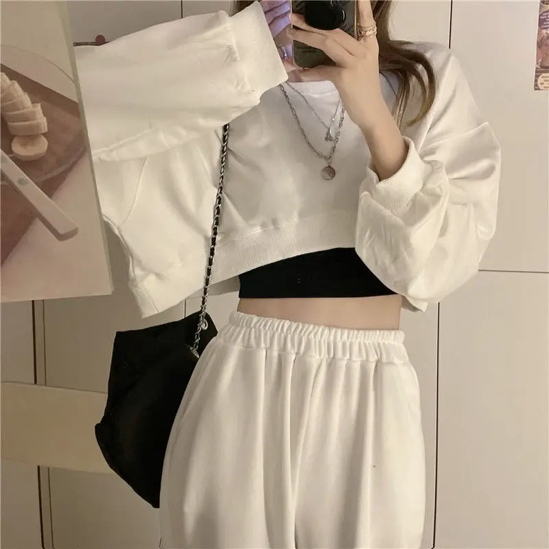 Sweatshirts Women Solid Cropped Sexy Loose All-match Navel Early Autumn Casual Harajuku Simple Pullover Aesthetic Clothes Mujer